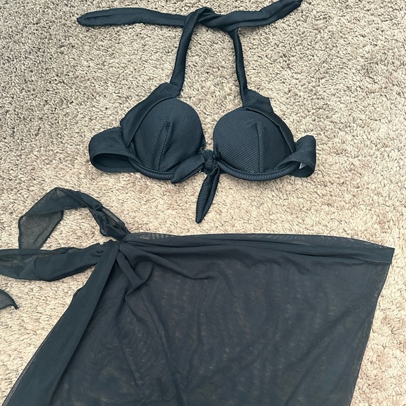 Black Ribbed Bikini with Sheer Coverup - Picture 4 of 6